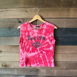 Vintage Harley Davidson Born To Be Wild Pink Tie Dye Studded Tank Top